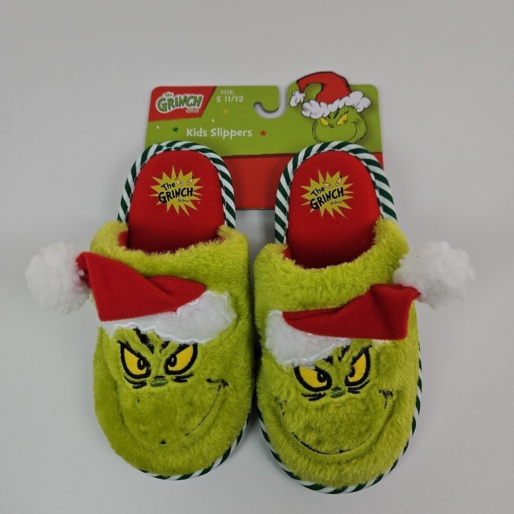The Grinch Santa Hat Christmas Holiday Kids Slippers Small Size 11/12 New